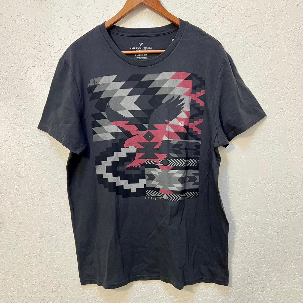 American Eagle Men L Graphic T-Shirt Gray Southwestern Eagle Classic Fit New